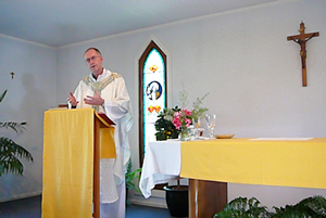 Fr Thige O’Leary preaches during Mass in the Magnificat Chapel
